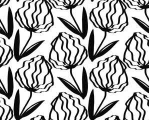 Fototapeta premium Abstract Hand Drawing Art Deco Flowers and Leaves Repeating Vector Pattern Isolated Background