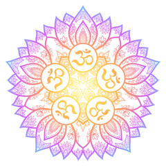 Color Circular pattern in form of mandala with ancient Hindu mantra OM and lotus flower for Henna, Mehndi, decoration. Decorative ornament in oriental style. Rainbow design on white background.