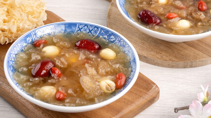 Close up of sweet snow white fungus soup with lotus seed, Chinese red dates and wolfberry.