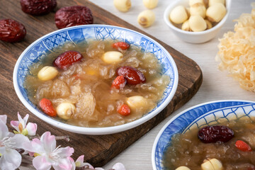 Close up of sweet snow white fungus soup with lotus seed, Chinese red dates and wolfberry.