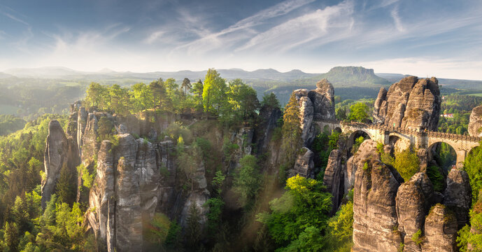 Panorama of the Bastei bridge in Saxon Switzerland