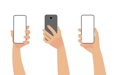 Human hand holds a smartphone / mobile phone. Set of vector illustrations isolated on white background.