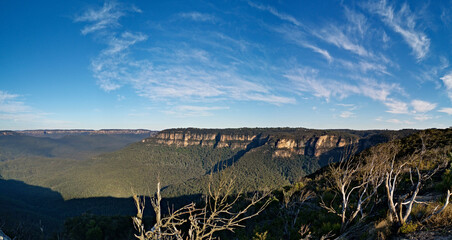 Beautiful panoramic view of deep valleys and tall mountains, Lincoln's Lookout, Blue Mountain National Park, New South Wales, Australia
