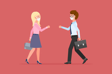 Obraz premium Corona virus prevention cartoon character male and female bumping fists, saying hello vector illustration. Safe handshake, keep distance, wear mask to avoid infection set