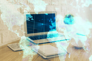 Multi exposure of business theme icons and work space with computer background. Concept of success.