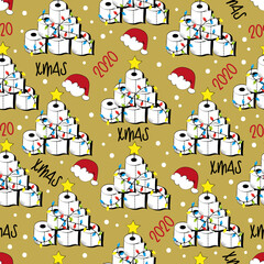 Fototapeta premium Seamless pattern for Christmas - Funny toilet paper christmas tree, In covid-19 pandemic self isolated period. Good for wrapping paper, textile print, wall paper, poster, card or decoration.