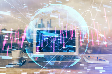 Financial market graph hologram and personal computer on background. Multi exposure. Concept of forex.