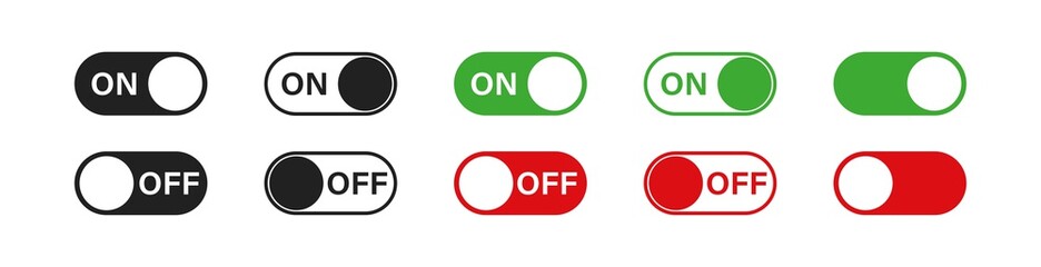 Switch toggle buttons. ON and OFF vector icons set in flat style. App interface
