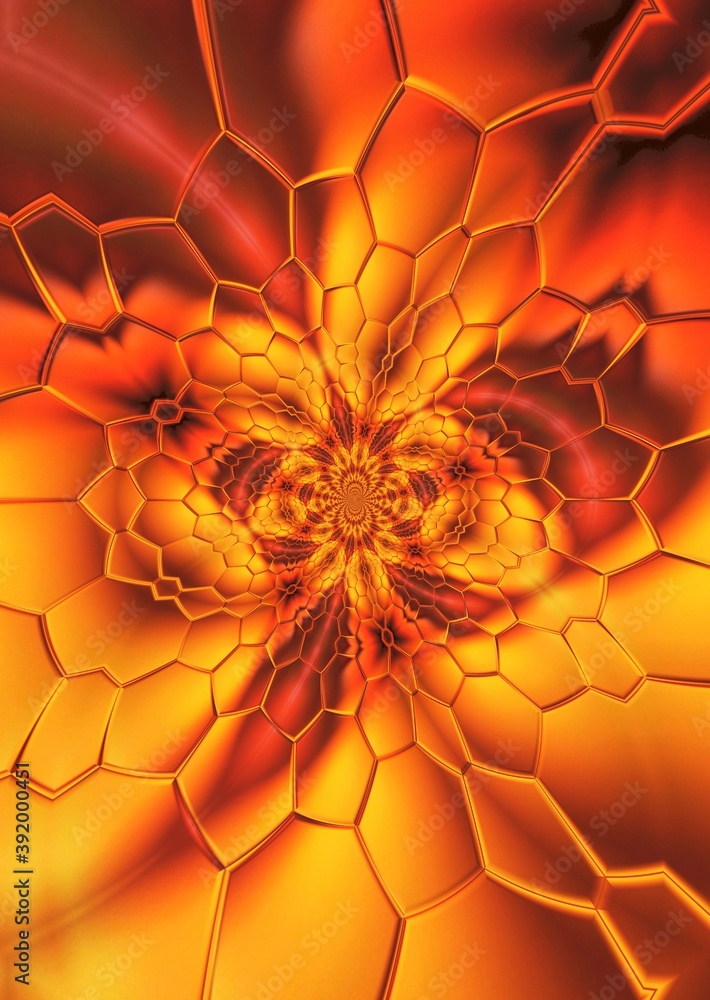 Poster abstract orange and yellow futuristic hexagonal mosaic patterns and designs