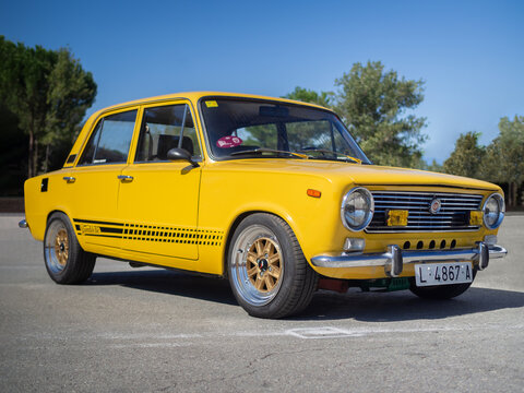 MONTMELO, SPAIN-SEPTEMBER 29, 2019: 1972 SEAT 124 D Sedan (Primera Serie) at city streets