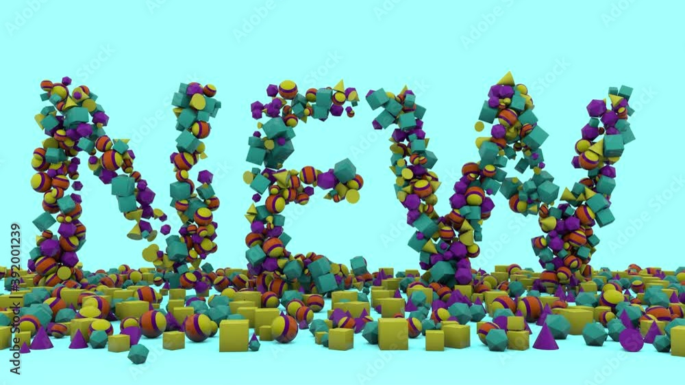 Poster 3d animation of a timer from a variety of geometric shapes and toys. the timer counts down to the ne