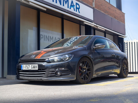 BARCELONA, SPAIN-AUGUST 14, 2019: Black Scirocco (Third generation) at city streets