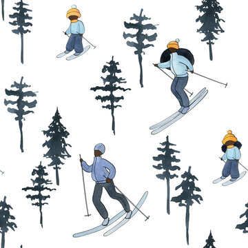 watercolor winter seamless patterns, winter sportspersons pattern, people skiing in forest, black family