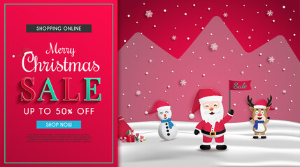 Christmas sales banner design.and there are Santa Claus and reindeer and snowman standing welcome.and inviting you to online shopping.and celebrate the Christmas festival with cold weather of winter.
