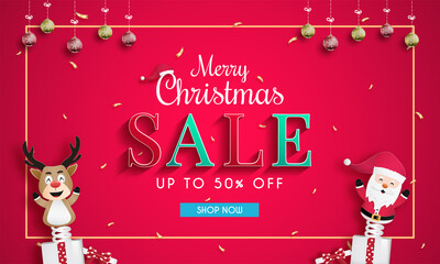 Christmas sales banner design.and Santa Claus and reindeer emerged from the gift box. and parties to celebrate the Christmas festival with cold weather in the winter season. and background.