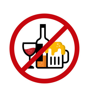 No alcohol icon sign with wine glass , Liquor bottle and Beer glass in red circle stop sign vector design