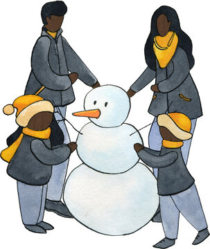 African Family Make A Snowman, Watercolor Black Family, Winter Outdoor Activities, Parents, Kids, Mom, Dad, Daughter, Son, Woman, Man, Girl, Boy, Father, Mother