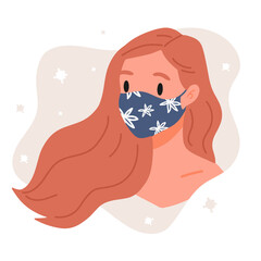 Young woman wearing medical face mask. Self protection shield from pneumonia, respiratory disease, virus spread, pandemic. Flat vector illustration banner, reminder sign, announcement, notification