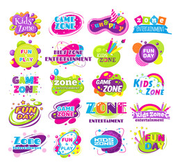 Kids zone entertainment set childish banner label sticker badge