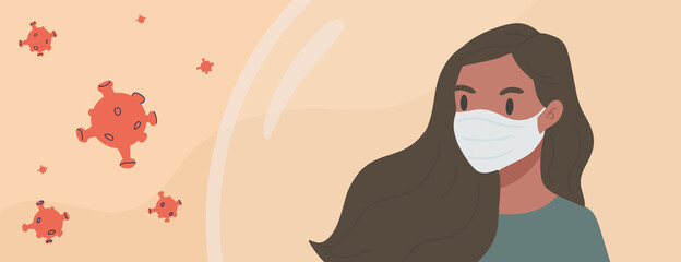 Young black skin woman wearing medical face mask. Self protection shield from pneumonia, respiratory disease, virus spread, pandemic. Flat vector illustration banner, reminder, notification