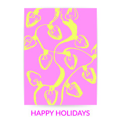 Bright christmas and new year holiday background in pink and yellow colors with christmas lights