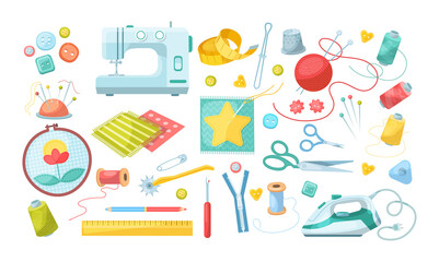 Needlework tools set. Handmade Kit: sewing machine, iron, scissors, spools of thread, buttons, needles in needle bar, meter, thimble, pin, ripper, zipper, yarn wool ball. Hobby tools flat