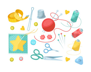 Needlework tools set. Handmade Kit: scissors, spools of thread, buttons, meter, thimble, pin, ripper, yarn wool ball. Hobby tools flat
