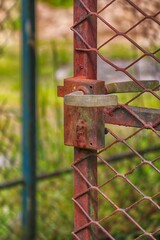 vieille porte en fer rouillée donnant sur un jardin