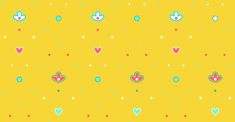 Tatar national ornament with small flowers, hearts and dots. Seamless vector pattern on yellow background