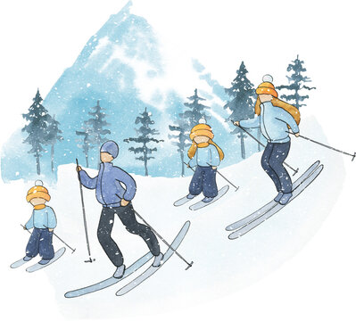 Parents and kids skiing in mountains, family skiing in winter forest, Family vacation in mountains, Winter outdoor activities, mom, dad, daughter, son