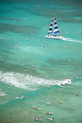 Sailing and surfing at Waikiki Beach on Oahu, Hawaii. 