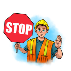 Worker says stop sign and stop with hand in hand.