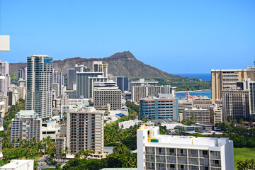 Waikiki ciy view with Diamond Head in the background on Oahu, Hawaii.  © Ryan Tishken