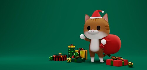 3D rendering concept illustration of a cute tabby cat carrying red bag wearing santa hat with many decoration balls and gift boxes Christmas celebration