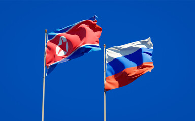 Beautiful national state flags of North Korea and Russia.