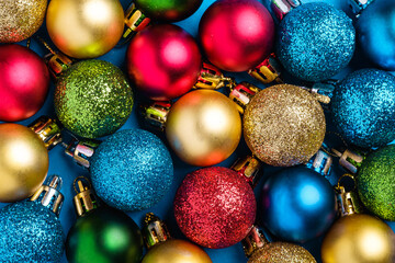 Christmas composition. Colorful ball ornament and baubles decorations.