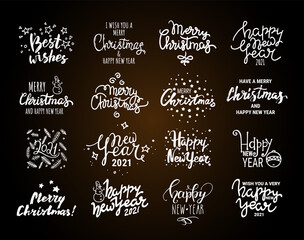 Christmas, New Year handwritten lettering. Label, emblem, text design templates, winter holiday doodles. Congratulation quotes Merry Christmas, Happy New Year 2021, Best wishes. Vector collection.