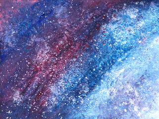 abstract watercolor space blue textural background with violet, red and white paint spray spots, strokes