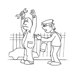 Thief pointing a gun to a mechanical workshop worker from behind with his arms up. Black and white sketch cartoon style vector illustration.