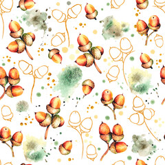 Fototapeta na wymiar Seamless raster pattern with watercolor autumn oak acorns and golden acorns silhouettes. Colorful spots. Perfect for greetings, invitations, manufacture wrapping paper, textile, wedding and web design