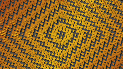 Abstract layered background with perforated gradient gold squares in papercut style. Flowing shapes in golden colors with shadow.