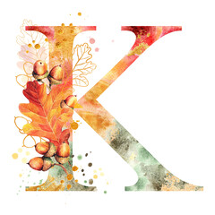 Fall Watercolor Letter K. Watercolor Autumn Alphabet. Monogram K with autumn oak leaves & acorns. Golden silhouettes, colorful spots. Perfect for wedding invites decoration, baby shower, birthdays etc