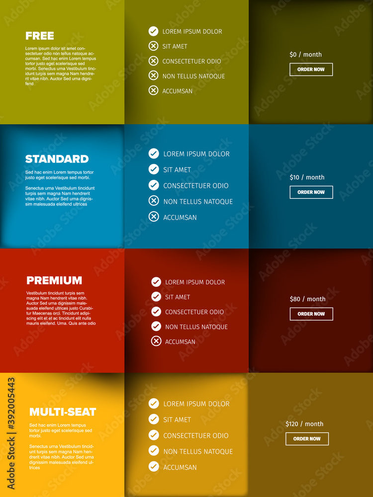 Poster products versions feature and price list table