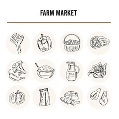 Farm market Menu doodle icons illustration on chalkboard. Vector illustration