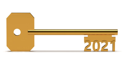 Concept key with new year 2021 isolated on white
