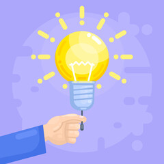 Hand turns on idea lightbulb. Innovation, creativity or inspiration. Modern style vector illustration