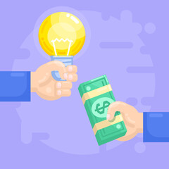 Sell or buy idea, intellectual property. Hand holds idea lightbulb and money. Modern style vector illustration