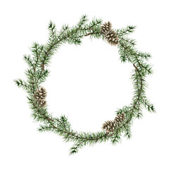 Watercolor Christmas spruce branches circle wreath. Fir, green branches, cone. Winter clipart. Elegant wedding frame. White background