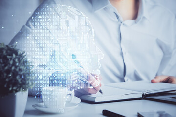 Brain multi exposure icon with man hands background.