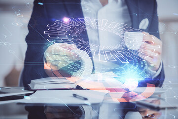 Human hands with tech theme double exposure drawings.